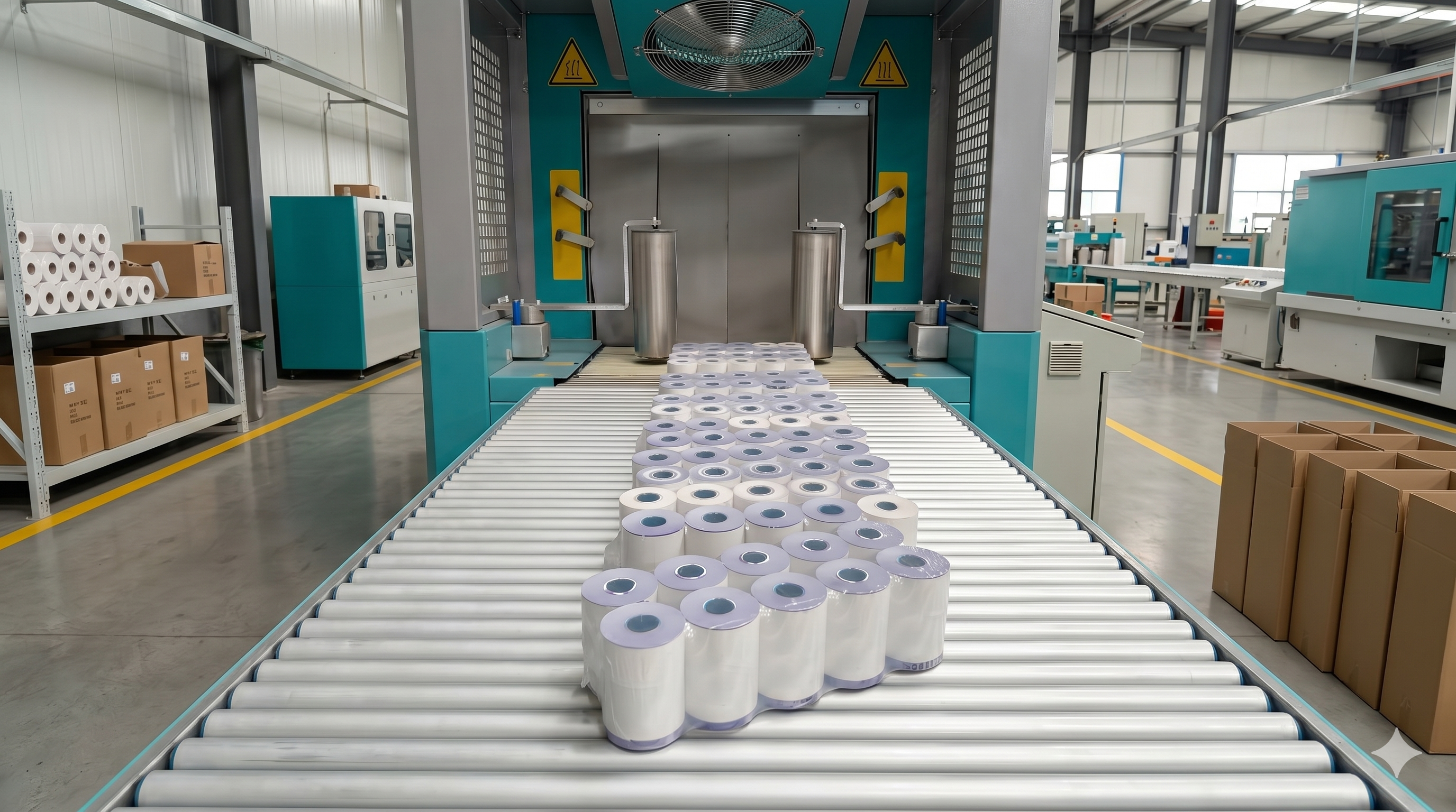 Rollos de papel térmico empacados, listos para envío