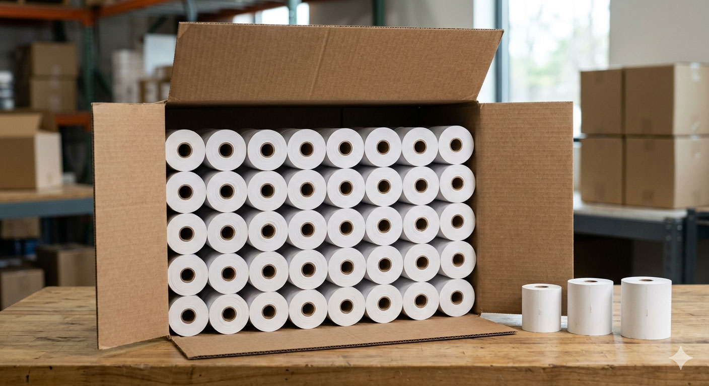 Cajas de empaque con rollos POS apilados